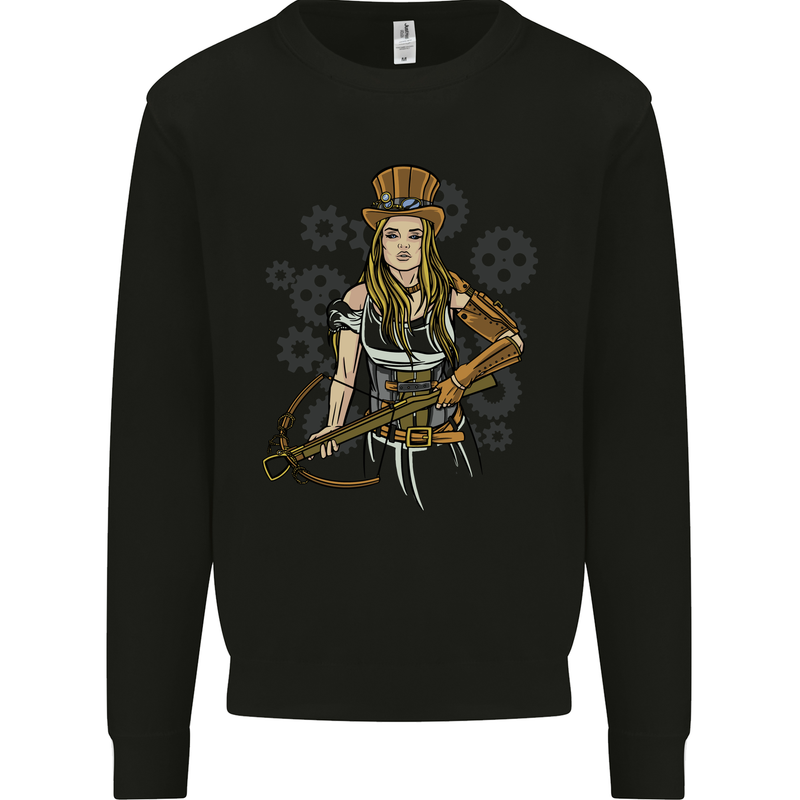 A Steampunk Woman With a Crossbow Kids Sweatshirt Jumper Black