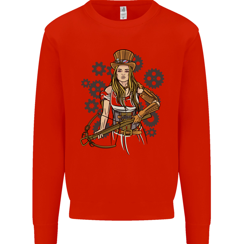 A Steampunk Woman With a Crossbow Kids Sweatshirt Jumper Bright Red