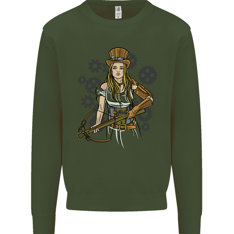 A Steampunk Woman With a Crossbow Kids Sweatshirt Jumper Forest Green
