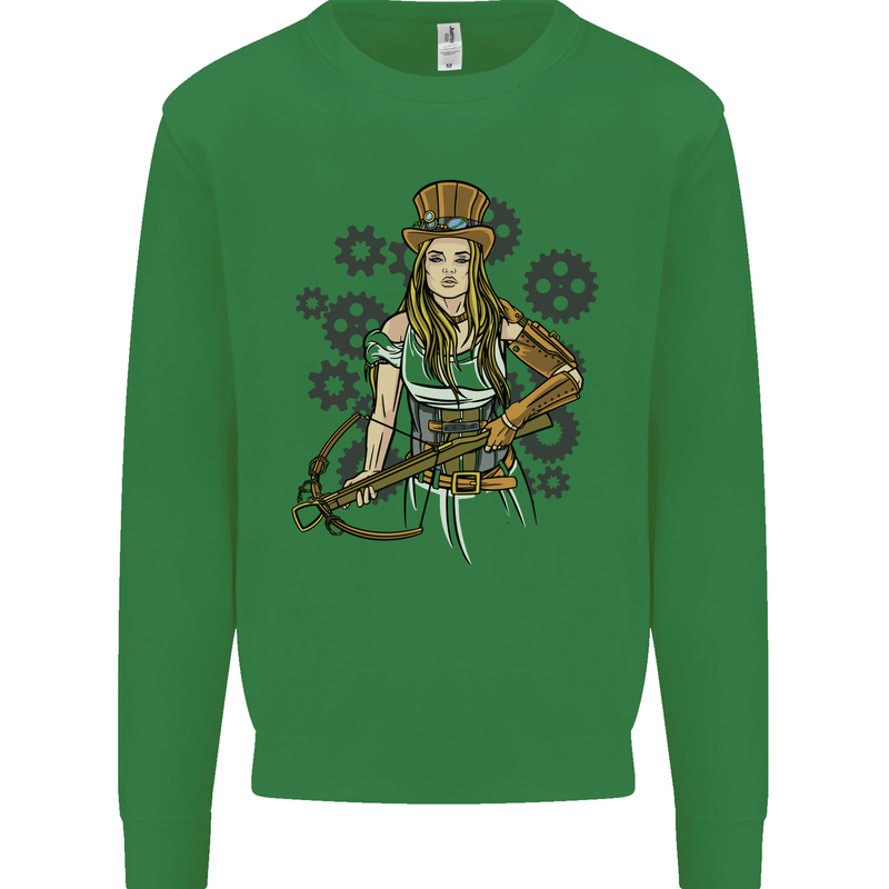 A Steampunk Woman With a Crossbow Kids Sweatshirt Jumper Irish Green
