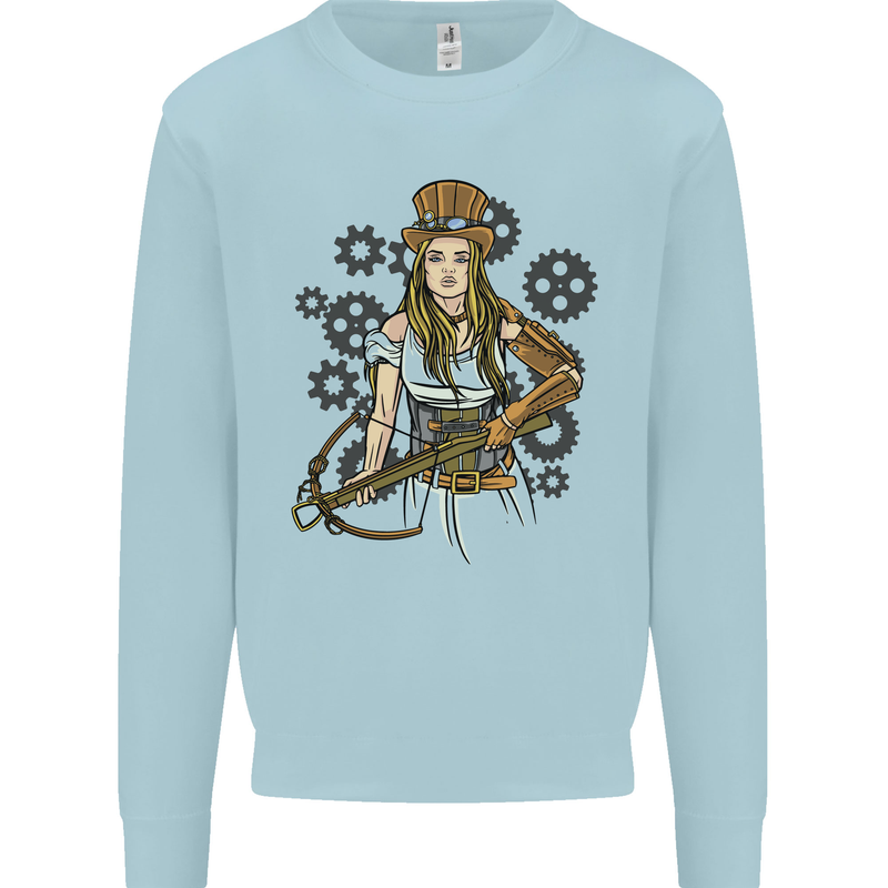 A Steampunk Woman With a Crossbow Kids Sweatshirt Jumper Light Blue