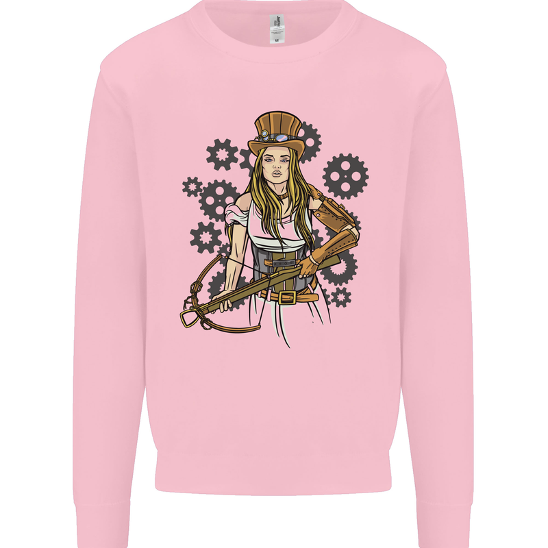 A Steampunk Woman With a Crossbow Kids Sweatshirt Jumper Light Pink