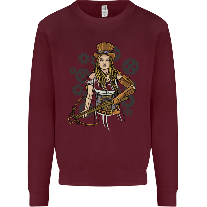 A Steampunk Woman With a Crossbow Kids Sweatshirt Jumper Maroon