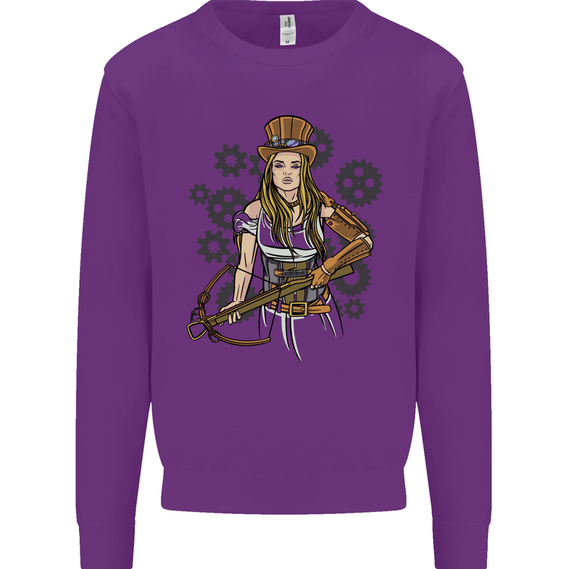 A Steampunk Woman With a Crossbow Kids Sweatshirt Jumper Purple