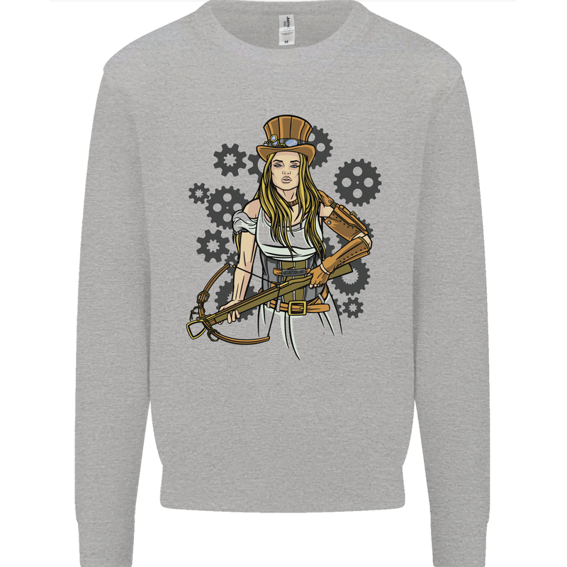 A Steampunk Woman With a Crossbow Kids Sweatshirt Jumper Sports Grey