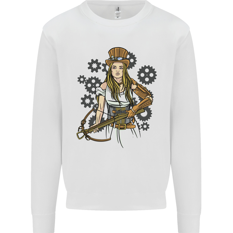 A Steampunk Woman With a Crossbow Kids Sweatshirt Jumper White
