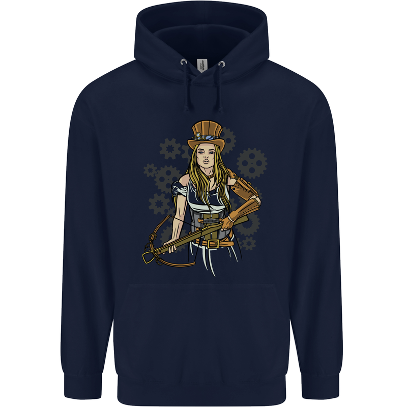 A Steampunk Woman With a Crossbow Mens 80% Cotton Hoodie Navy Blue