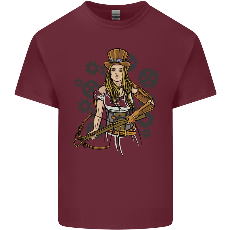 A Steampunk Woman With a Crossbow Mens Cotton T-Shirt Tee Top Maroon