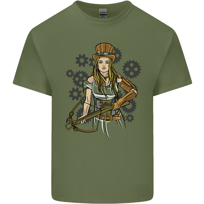 A Steampunk Woman With a Crossbow Mens Cotton T-Shirt Tee Top Military Green