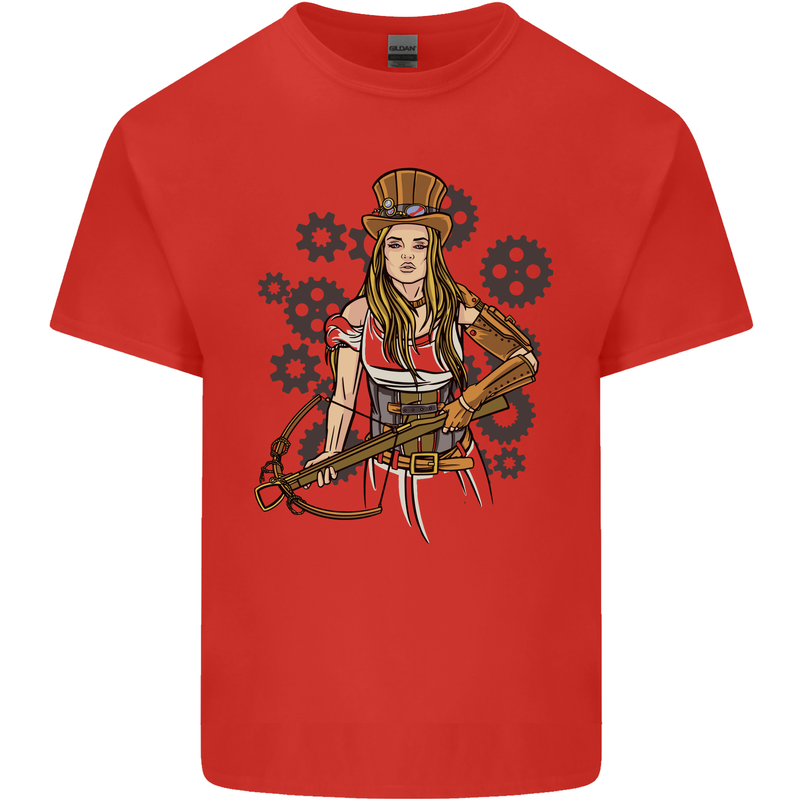 A Steampunk Woman With a Crossbow Mens Cotton T-Shirt Tee Top Red