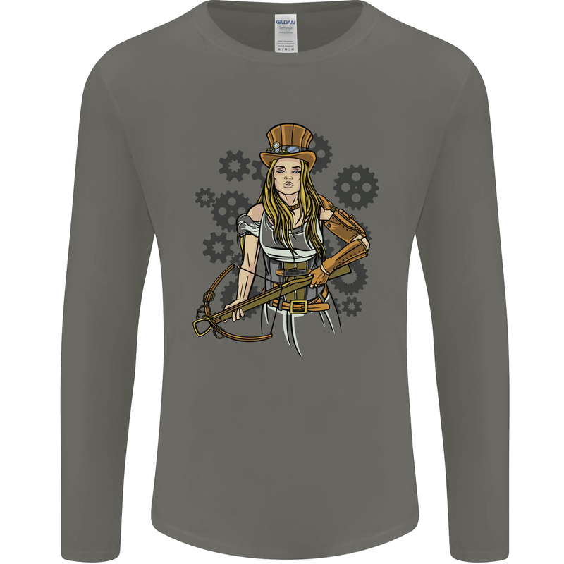 A Steampunk Woman With a Crossbow Mens Long Sleeve T-Shirt Charcoal