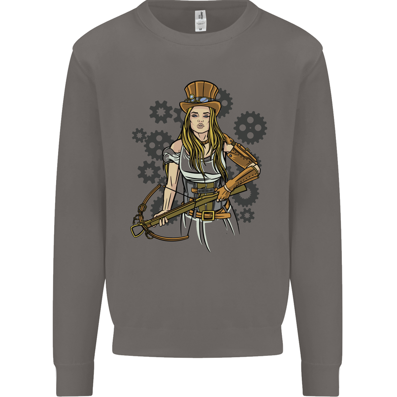 A Steampunk Woman With a Crossbow Mens Sweatshirt Jumper Charcoal