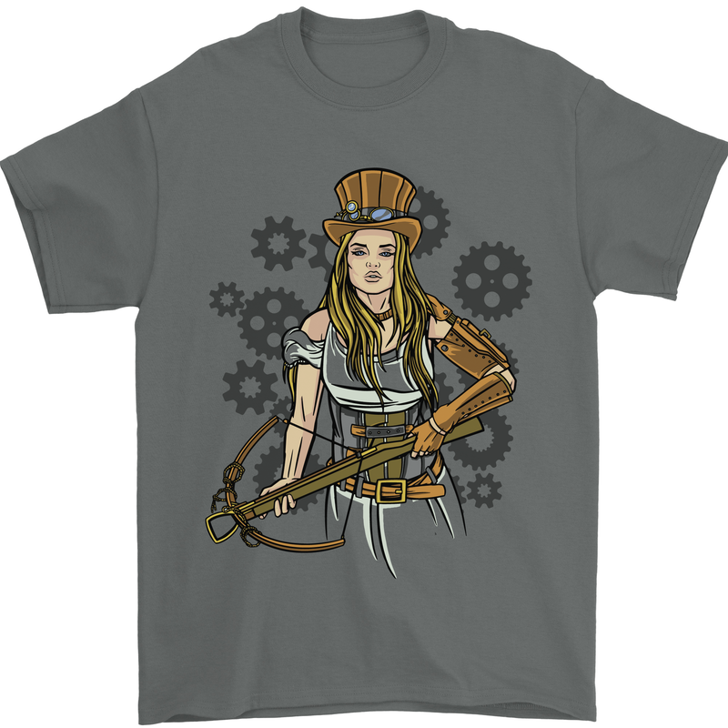 A Steampunk Woman With a Crossbow Mens T-Shirt 100% Cotton Charcoal