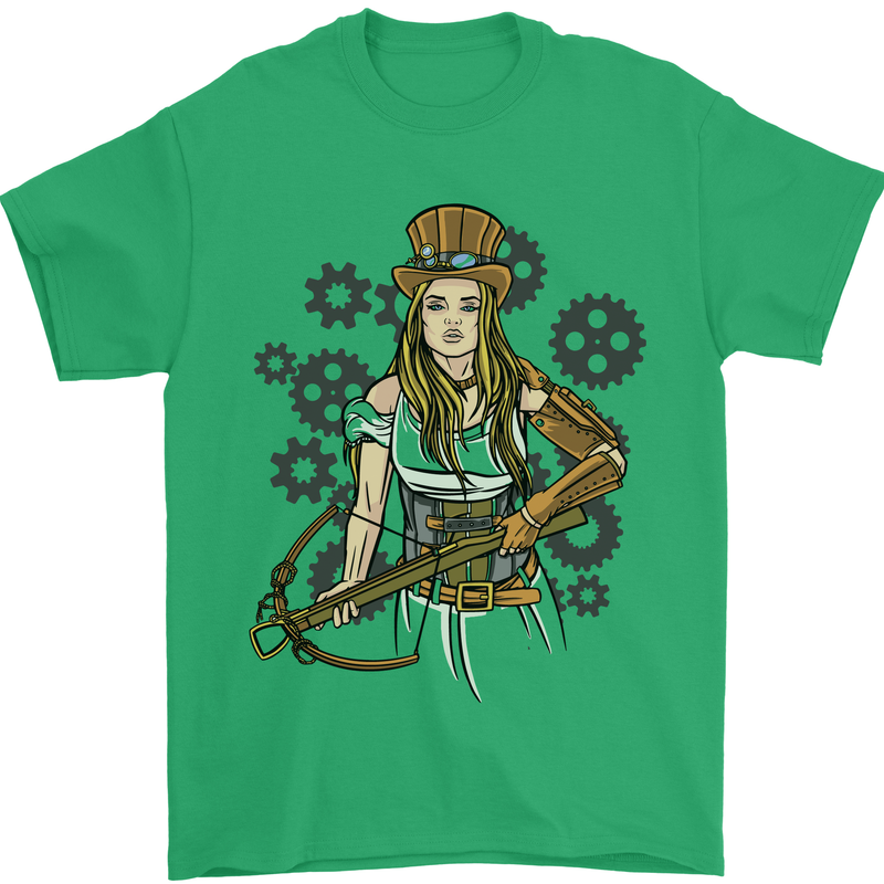 A Steampunk Woman With a Crossbow Mens T-Shirt 100% Cotton Irish Green
