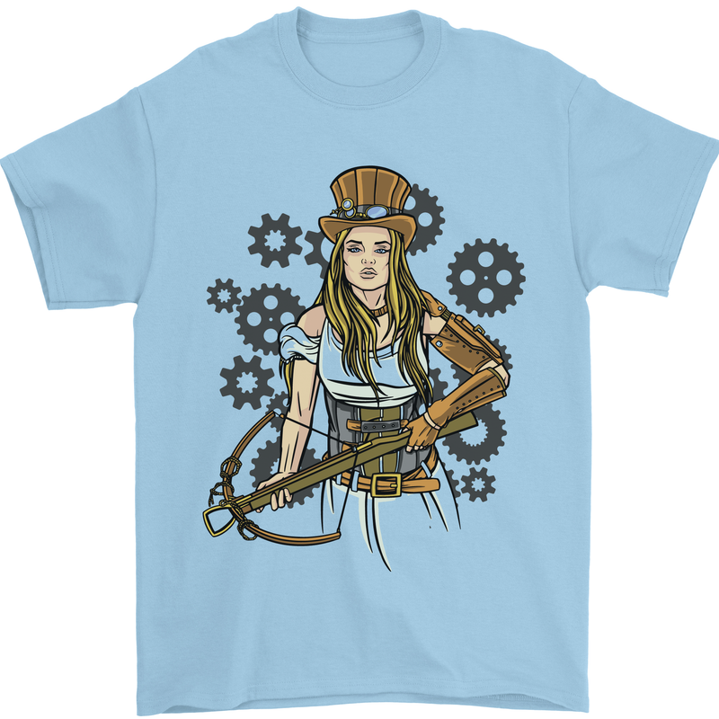 A Steampunk Woman With a Crossbow Mens T-Shirt 100% Cotton Light Blue