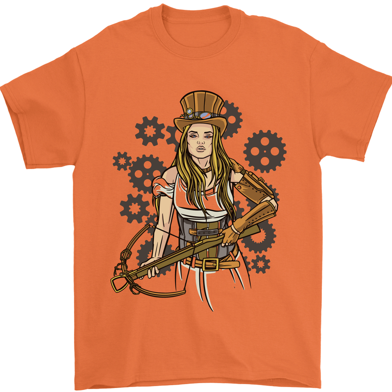 A Steampunk Woman With a Crossbow Mens T-Shirt 100% Cotton Orange