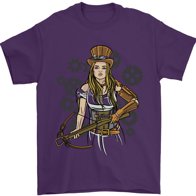 A Steampunk Woman With a Crossbow Mens T-Shirt 100% Cotton Purple