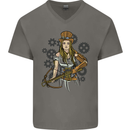 A Steampunk Woman With a Crossbow Mens V-Neck Cotton T-Shirt Charcoal