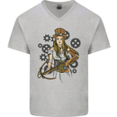 A Steampunk Woman With a Crossbow Mens V-Neck Cotton T-Shirt Sports Grey