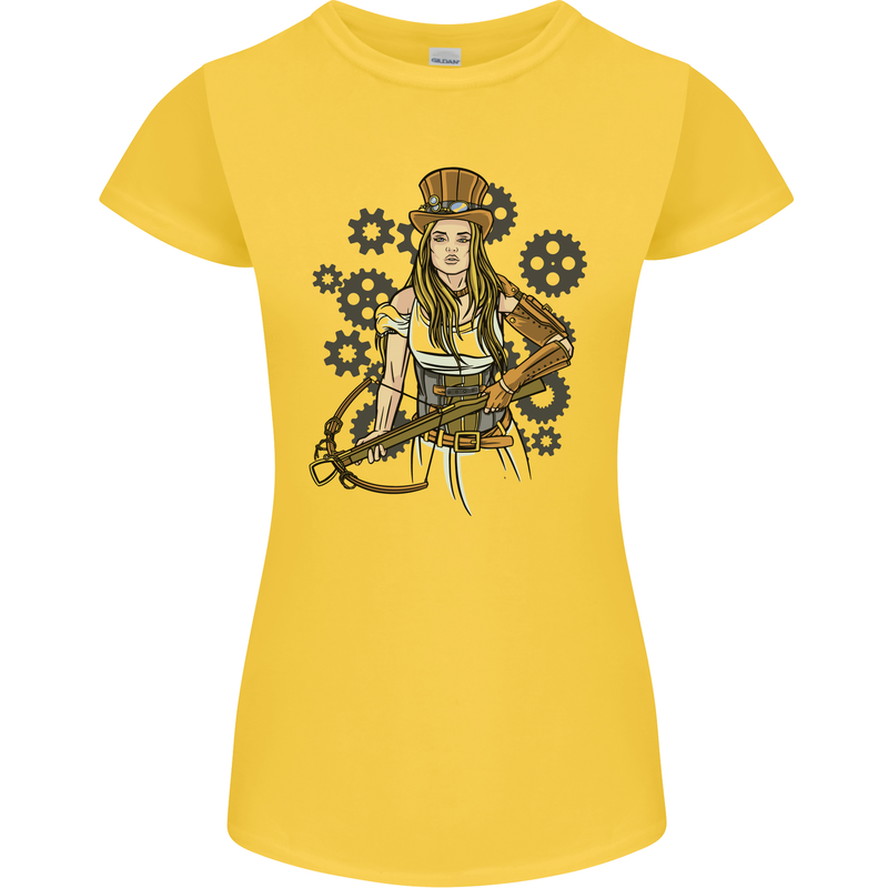 A Steampunk Woman With a Crossbow Womens Petite Cut T-Shirt Yellow
