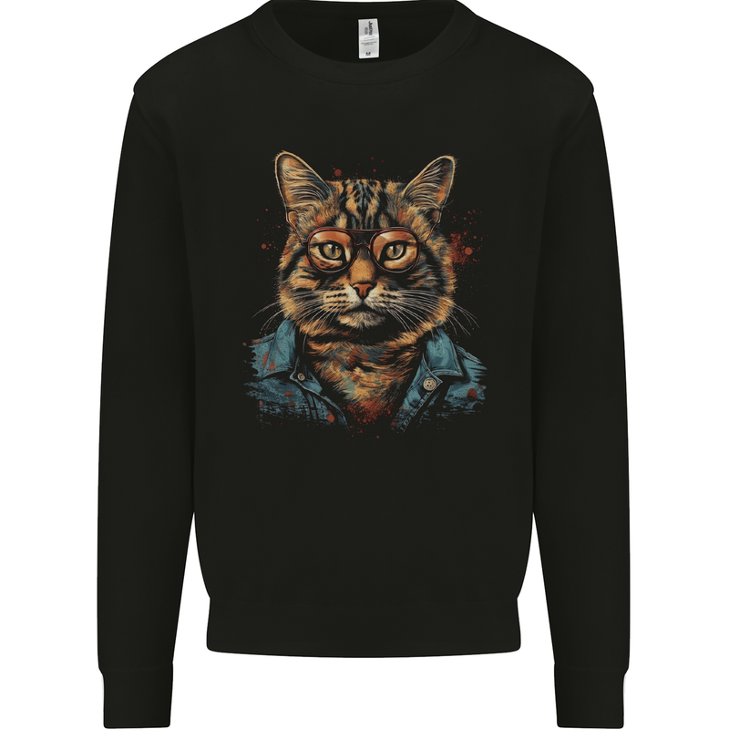 A Streetwise Cat With Glasses Kids Sweatshirt Jumper Black