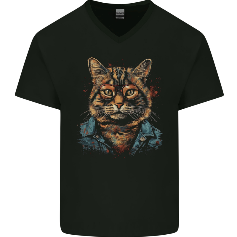 A Streetwise Cat With Glasses Mens V-Neck Cotton T-Shirt Black