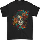 A Sugar Skull With Flowers Day of the Dead Mens T-Shirt 100% Cotton Black