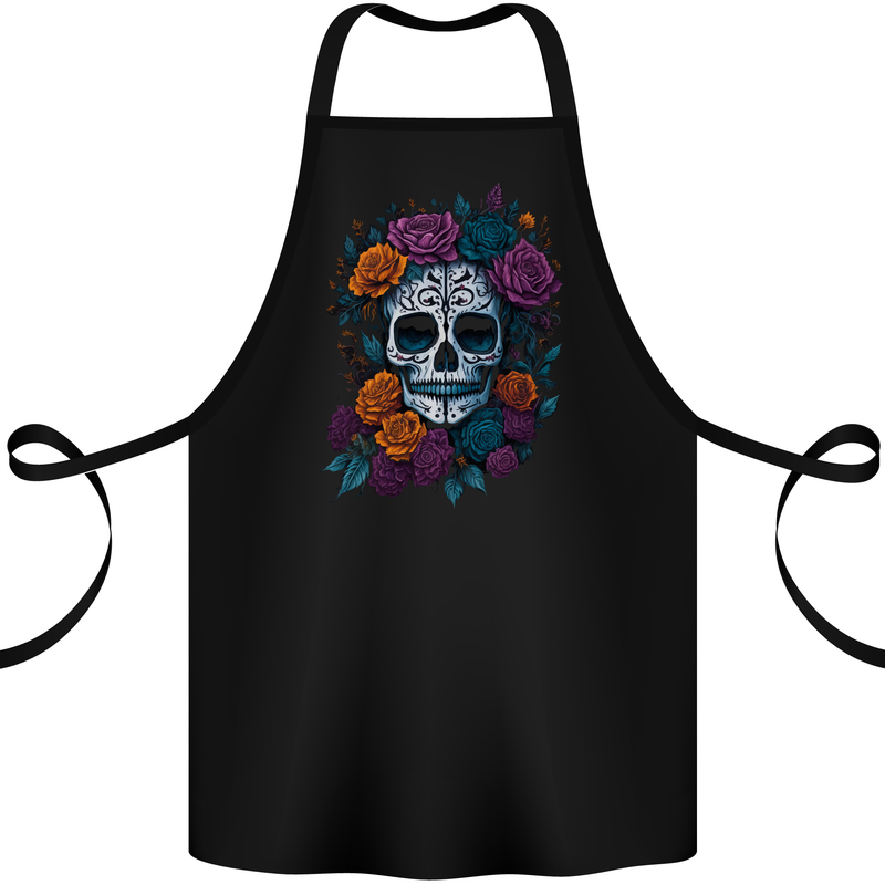 A Sugar Skull With Roses Day of the Dead DOTD Cotton Apron 100% Organic Black