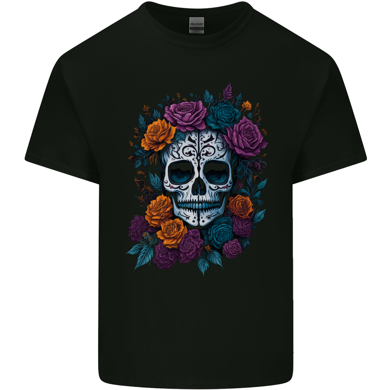 A Sugar Skull With Roses Day of the Dead DOTD Mens Cotton T-Shirt Tee Top Black
