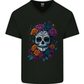 A Sugar Skull With Roses Day of the Dead DOTD Mens V-Neck Cotton T-Shirt Black