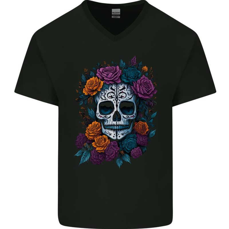 A Sugar Skull With Roses Day of the Dead DOTD Mens V-Neck Cotton T-Shirt Black
