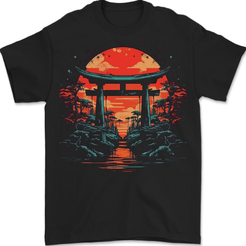 A Sunset Torii Japan Culture Japanese Mens T-Shirt 100% Cotton BLACK
