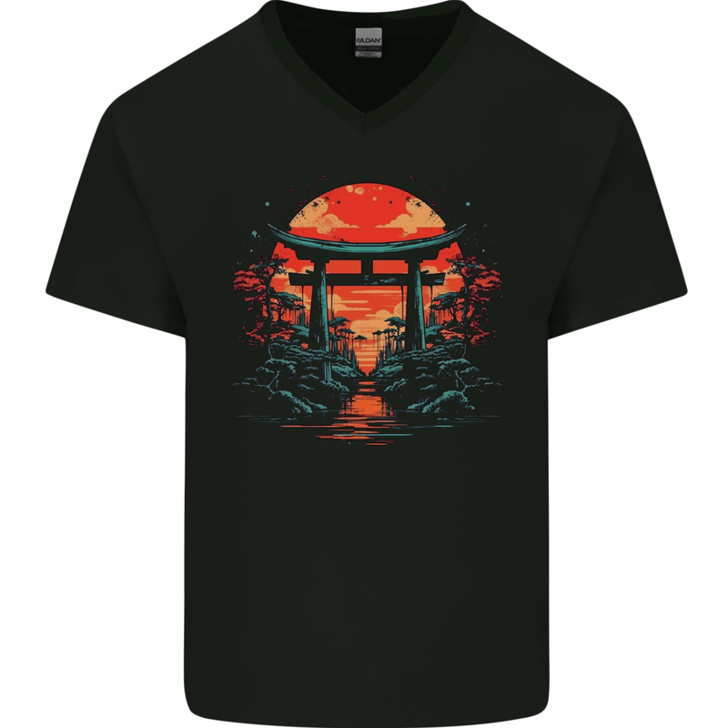 A Sunset Torii Japan Culture Japanese Mens V-Neck Cotton T-Shirt Black