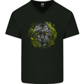 A Tiger in the Grass Mens V-Neck Cotton T-Shirt Black