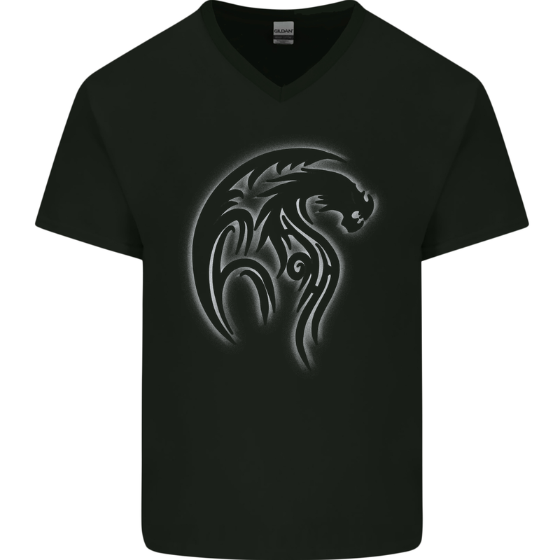 A Tribal Dragon Tattoo Style Mens V-Neck Cotton T-Shirt Black