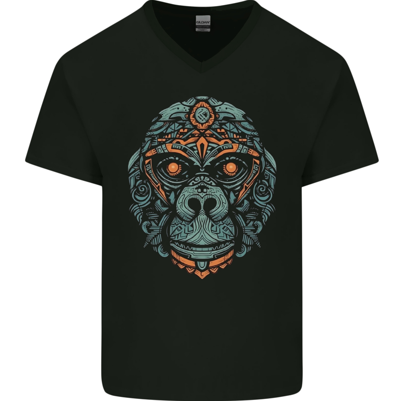 A Tribal Gorilla Mens V-Neck Cotton T-Shirt Black