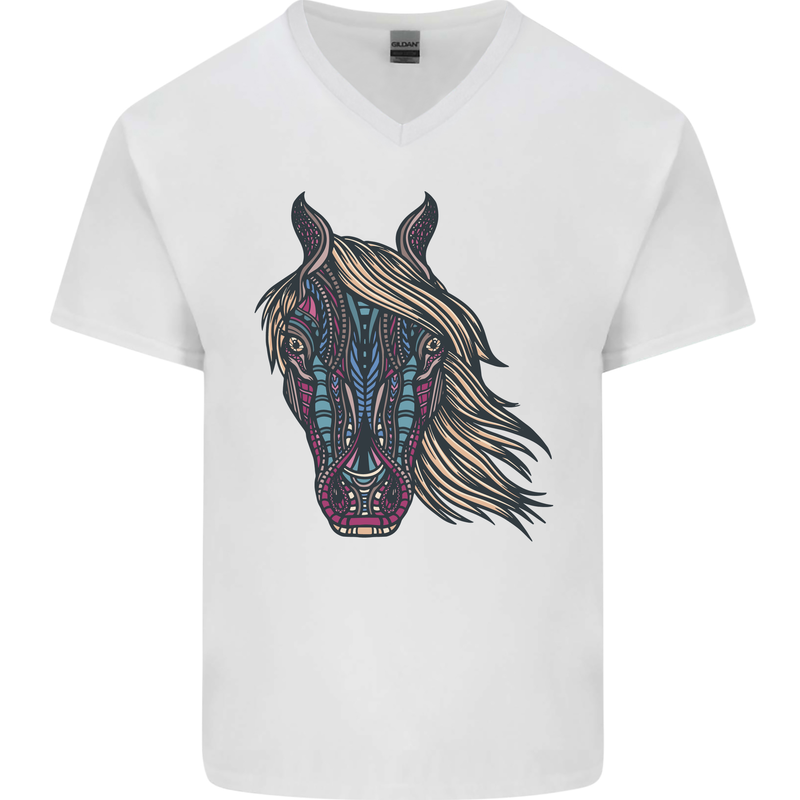 A Tribal Horse Equestrian Mens V-Neck Cotton T-Shirt White