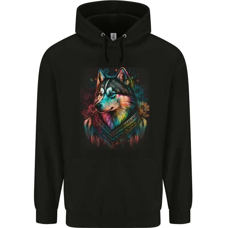 A Tribal Husky Dog Childrens Kids Hoodie Black