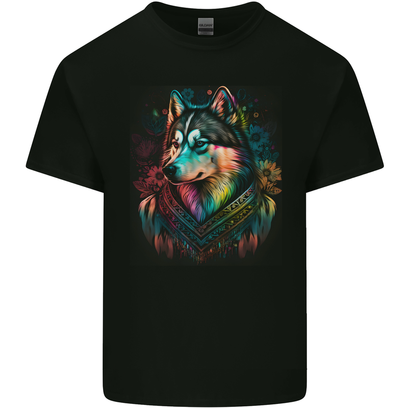 A Tribal Husky Dog Mens Cotton T-Shirt Tee Top Black