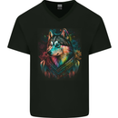 A Tribal Husky Dog Mens V-Neck Cotton T-Shirt Black