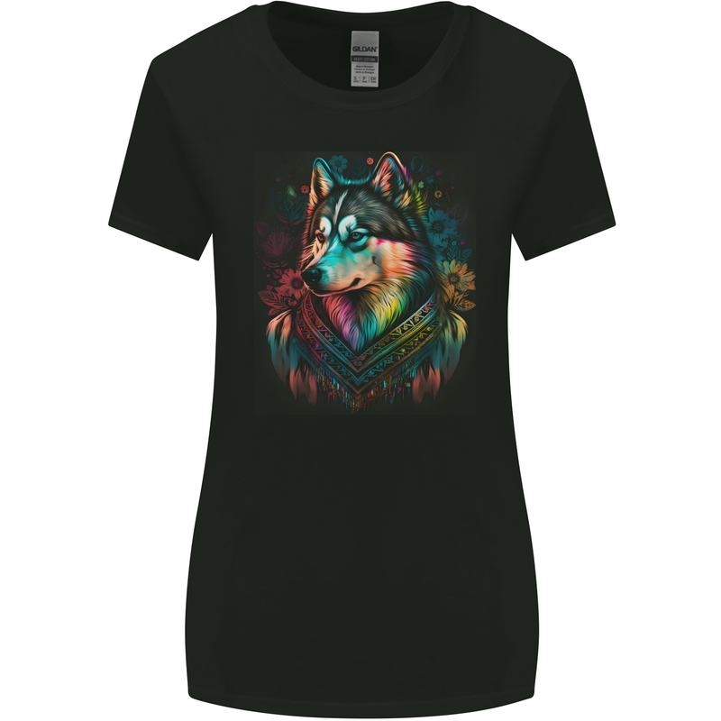 A Tribal Husky Dog Womens Wider Cut T-Shirt Black