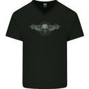 A Tribal Skull With Wings Gothic Goth Rock Music Mens V-Neck Cotton T-Shirt Black