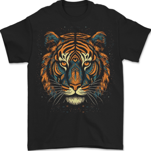 A Tribal Tiger Head Fantasy Mens T-Shirt 100% Cotton BLACK