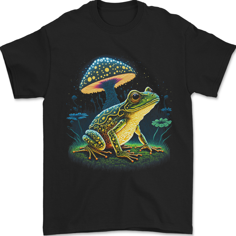 a black t - shirt with a frog and a mushroom on it