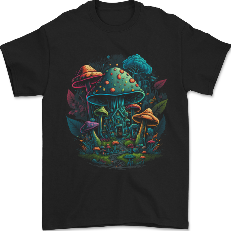 a black t - shirt with an image of a mushroom house