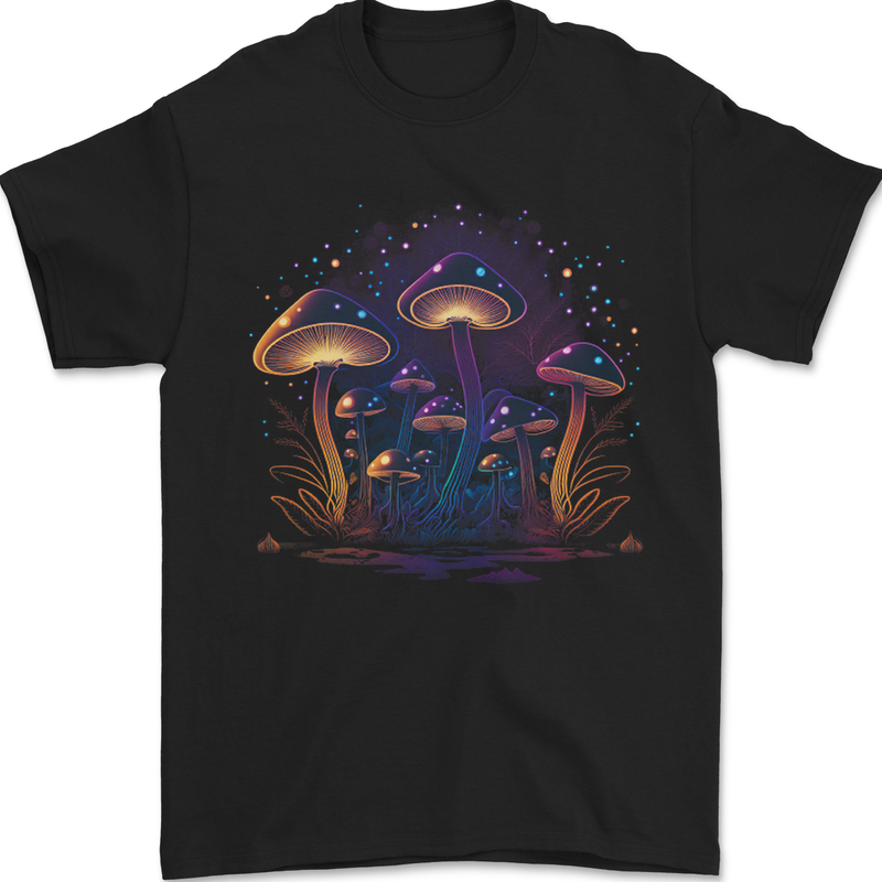 a black t - shirt with colorful mushrooms on it