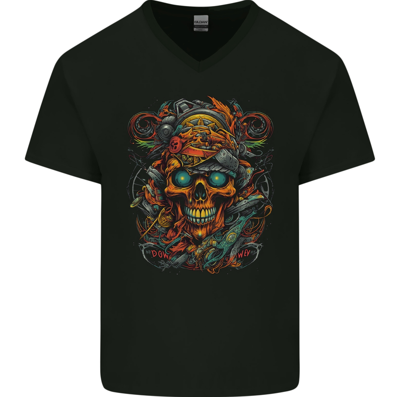 A Twisted FUBAR Skull Demon Pirate Mens V-Neck Cotton T-Shirt Black
