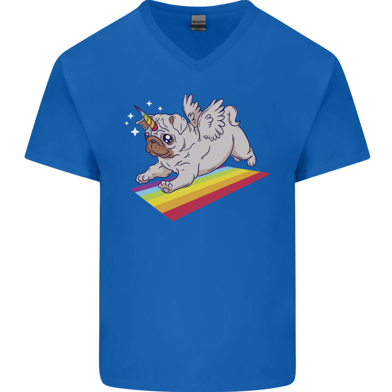 A Unicorn Pug Dog LGBT Mens V-Neck Cotton T-Shirt Royal Blue