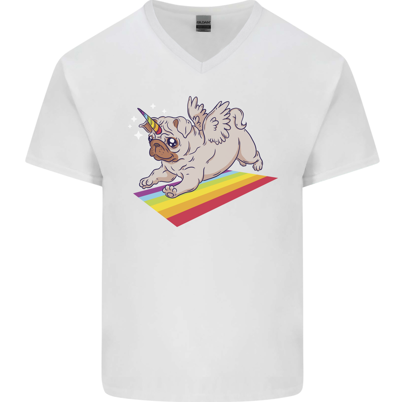 A Unicorn Pug Dog LGBT Mens V-Neck Cotton T-Shirt White