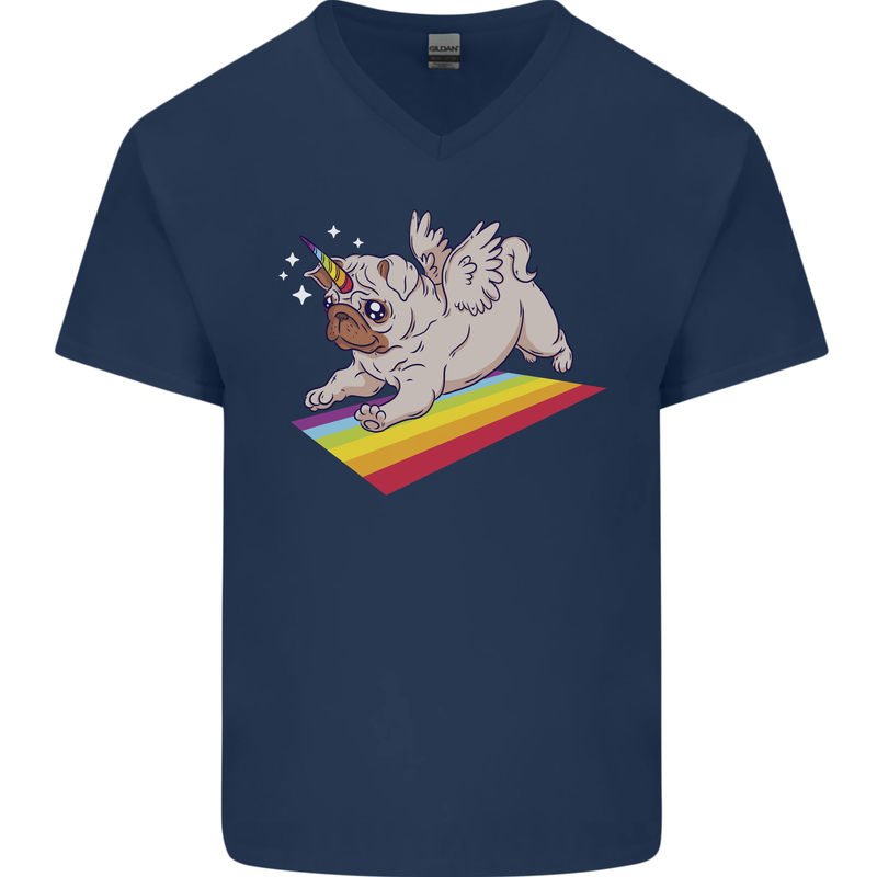 A Unicorn Pug Dog Mens V-Neck Cotton T-Shirt Navy Blue
